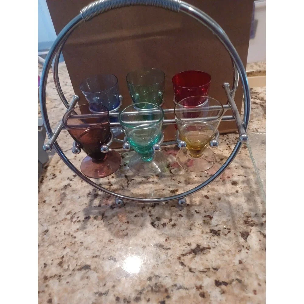 Vtg Mid-Century 6 Pc Colored Glass Cordial Glasses On A Modern Metal Stand